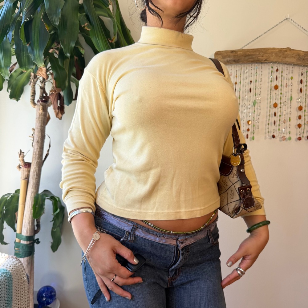 Vintage Butter Yellow 100% Cotton Mock Neck Turtleneck Top minimalist 90s 12